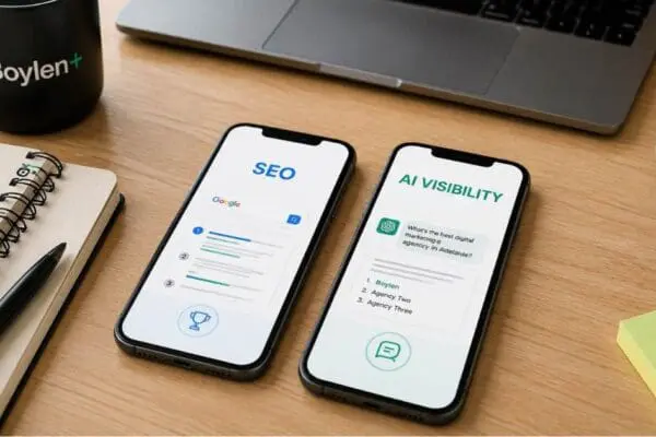 Two smartphones comparing SEO rankings with AI visibility and brand mentions, illustrating Boylen’s approach to SEO and AI search visibility in Adelaide.