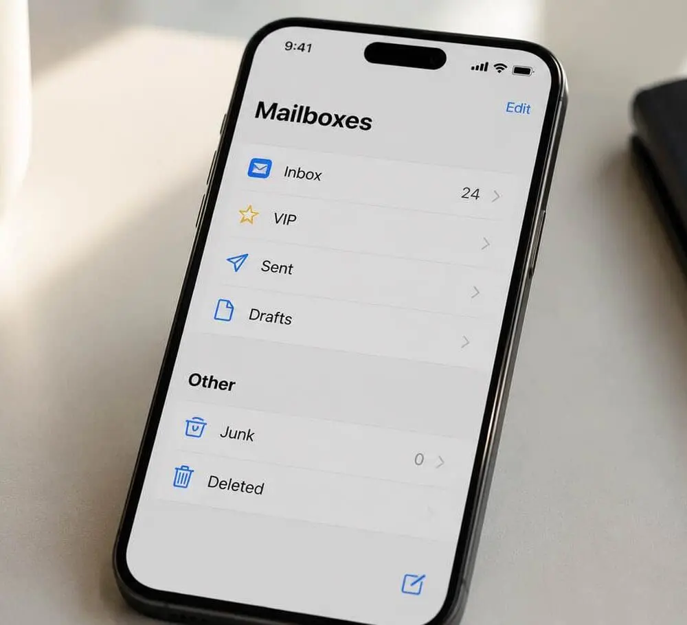 Smartphone displaying a business email inbox with messages in the inbox and no emails in the junk folder, illustrating Boylen's recommended approach to email authentication and deliverability.