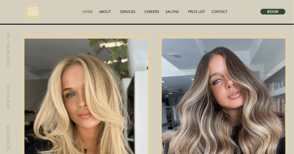 Yots Hair Website Design by Boylen showcasing the homepage with clean navigation and salon branding.