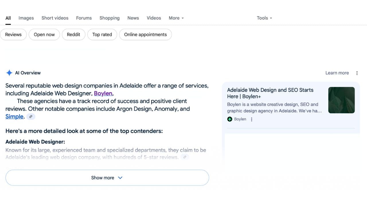 Search Generative Experience Optimisation SEO explained by Boylen web development and SEO Adelaide. Screenshot of Boylen listed as #1 on Zero Click results.  