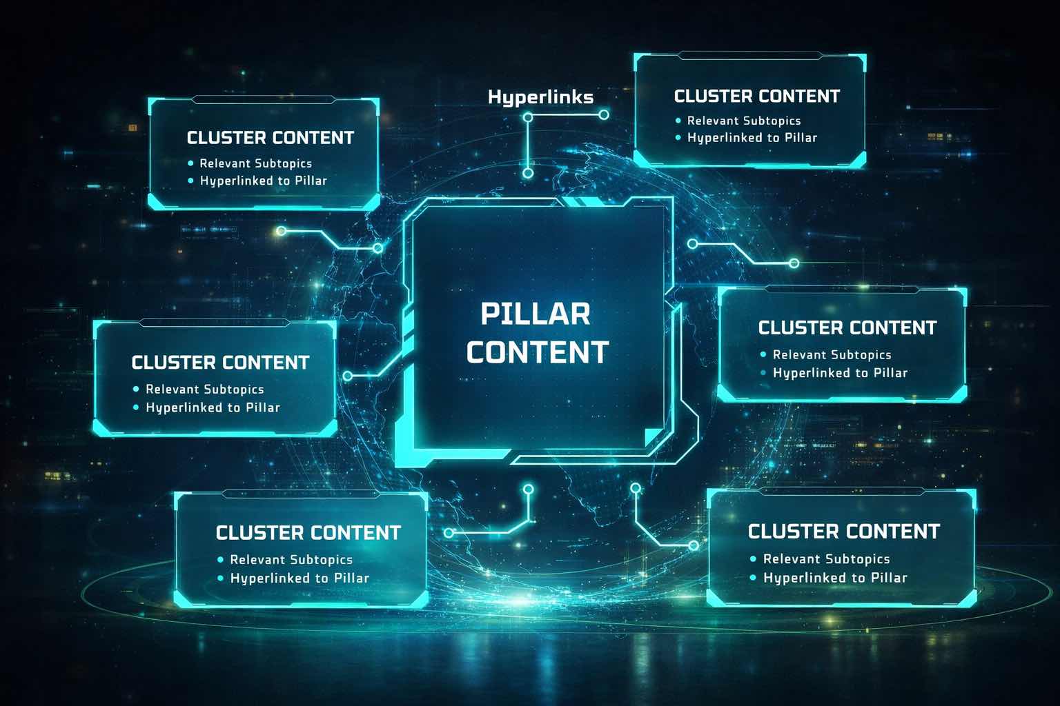 Diagram illustrating how pillar content connects to supporting topic clusters through internal linking.