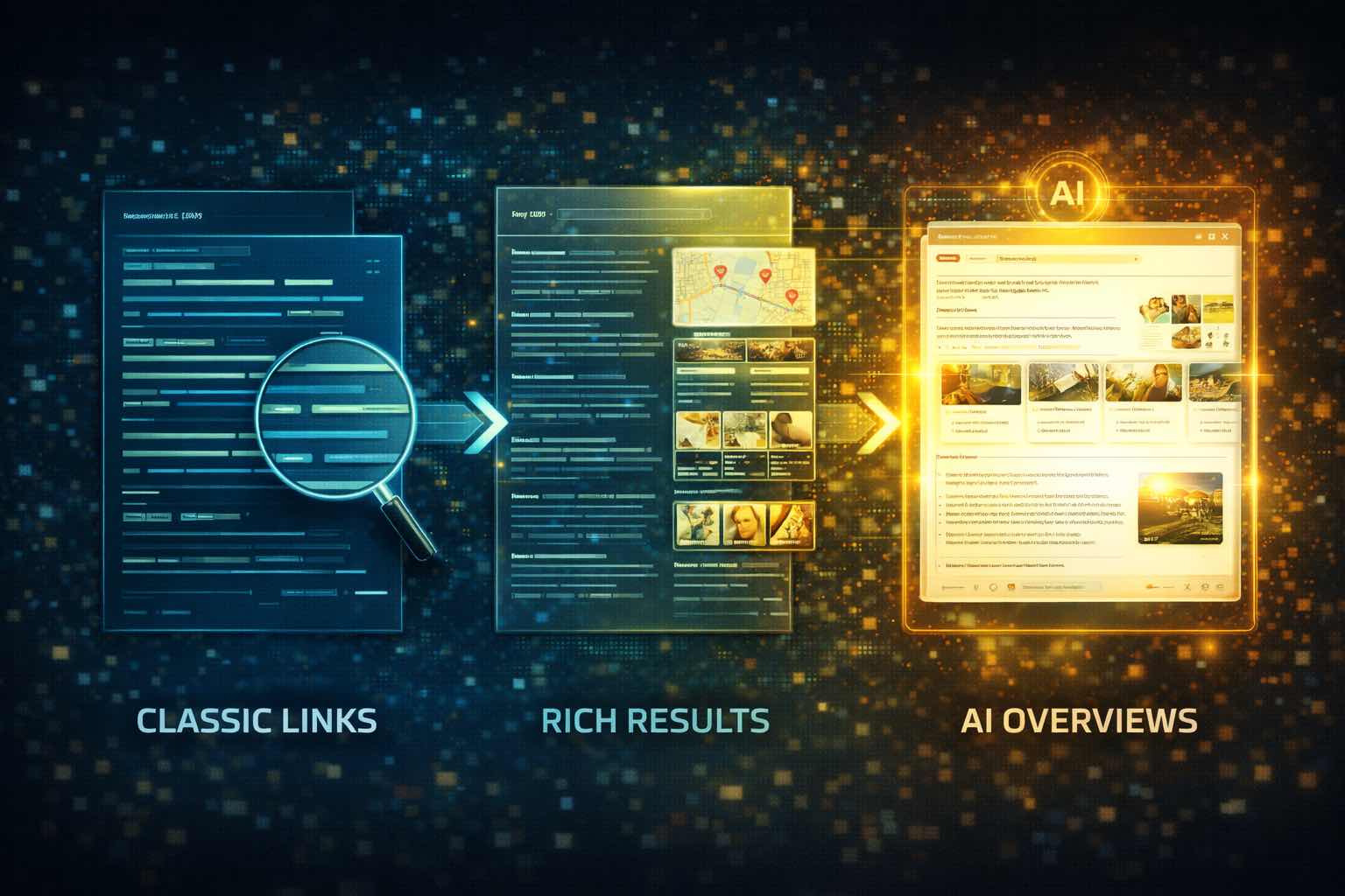 Visual timeline showing the evolution of search results from traditional links to AI-generated summaries and featured answers.