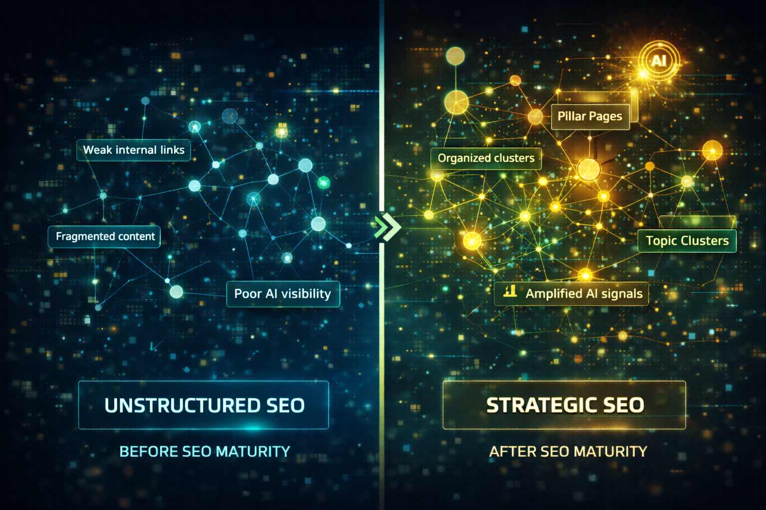 Side-by-side comparison of tactical SEO and structured SEO maturity models.