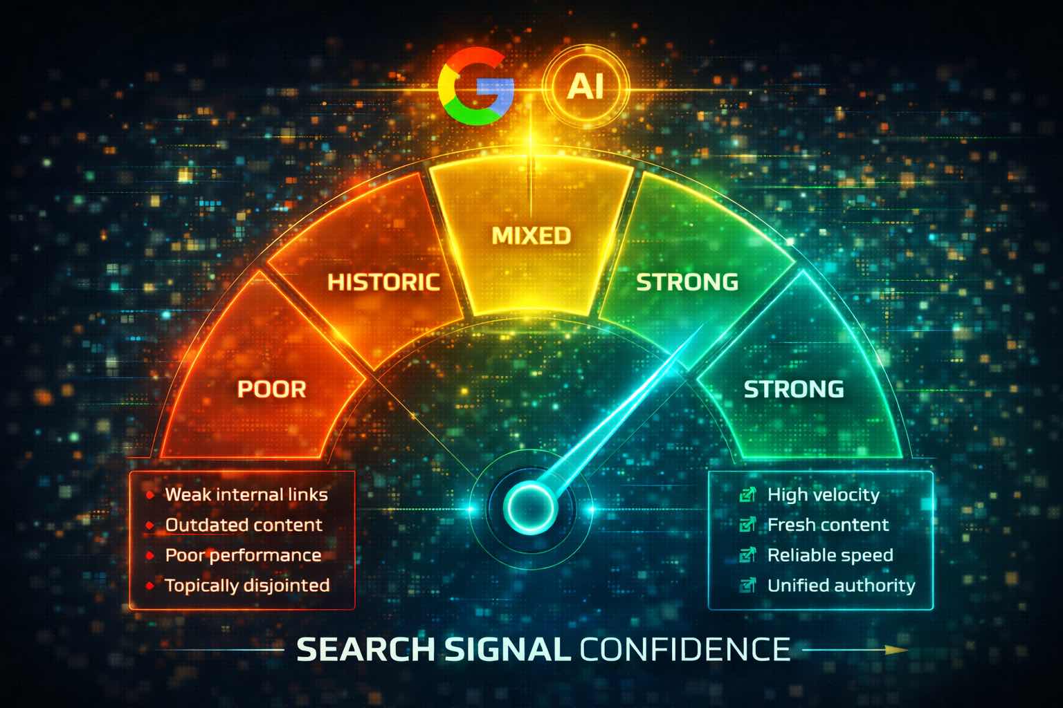 Gauge showing how structured content and authority signals improve machine confidence in a brand’s search visibility.