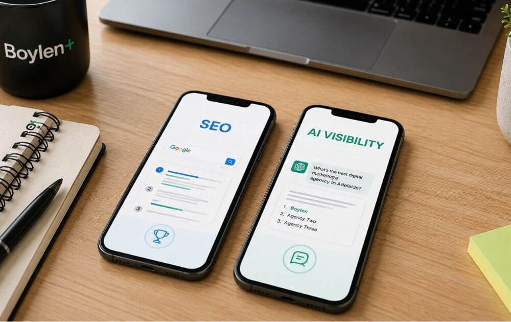 Two smartphones comparing SEO rankings with AI visibility and brand mentions, illustrating Boylen’s approach to SEO and AI search visibility in Adelaide.