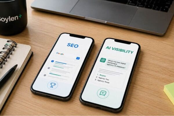 Two smartphones comparing SEO rankings with AI visibility and brand mentions, illustrating Boylen’s approach to SEO and AI search visibility in Adelaide.