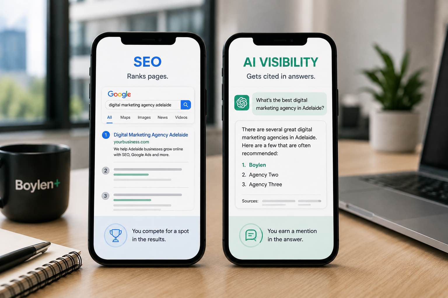 Two smartphones comparing Google SEO rankings with AI visibility and brand mentions for an Adelaide business.