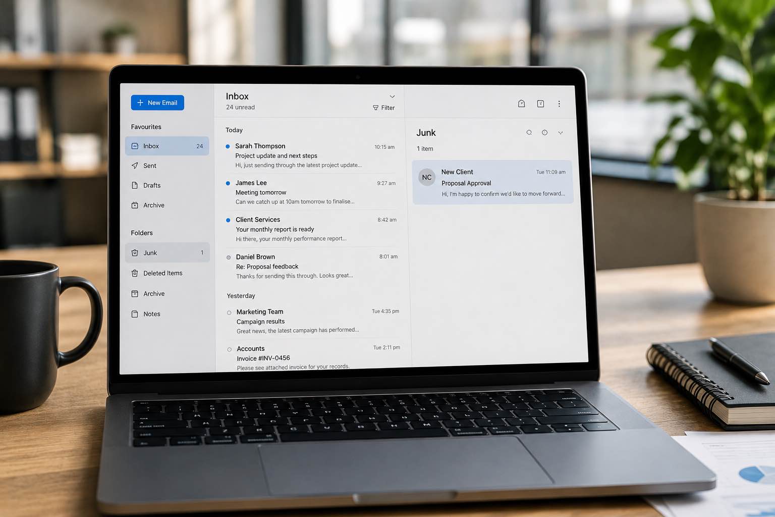 Business proposal email incorrectly filtered into a junk folder, illustrating the importance of DMARC email authentication.