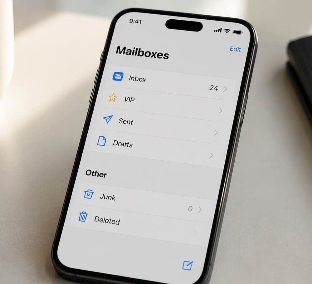 Smartphone displaying a business email inbox with messages in the inbox and no emails in the junk folder, illustrating Boylen's recommended approach to email authentication and deliverability.