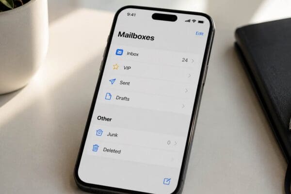 Smartphone displaying a business email inbox with messages in the inbox and no emails in the junk folder, illustrating Boylen's recommended approach to email authentication and deliverability.